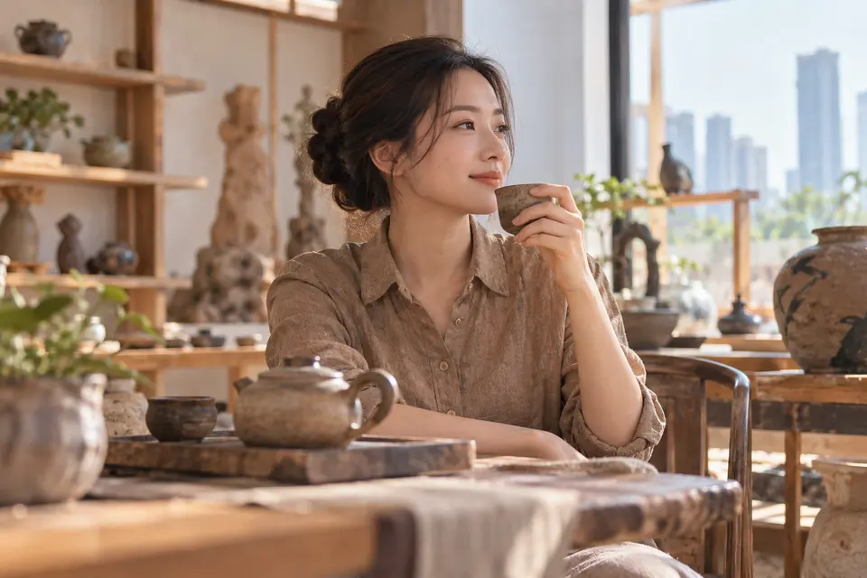 陶艺茶器工作室中的茶杯与陶壶