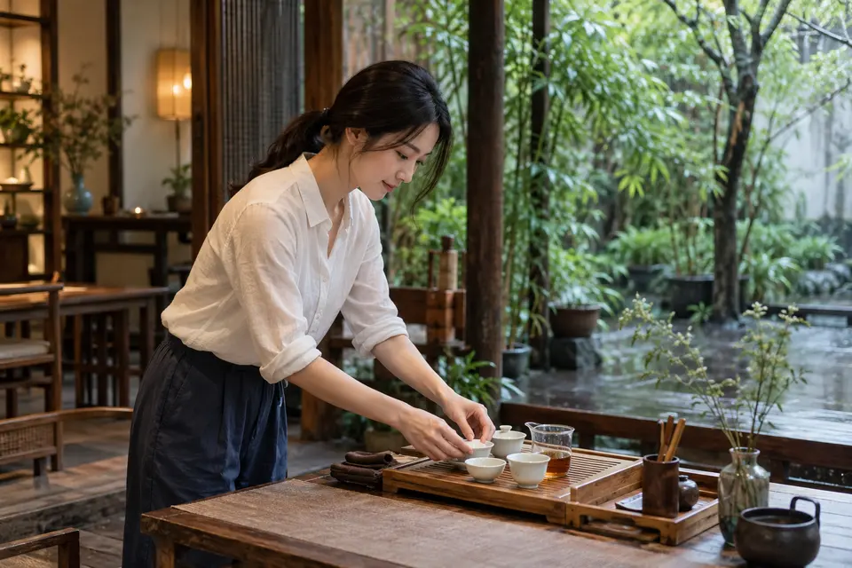 庭院茶席上摆放的盖碗与竹制茶具