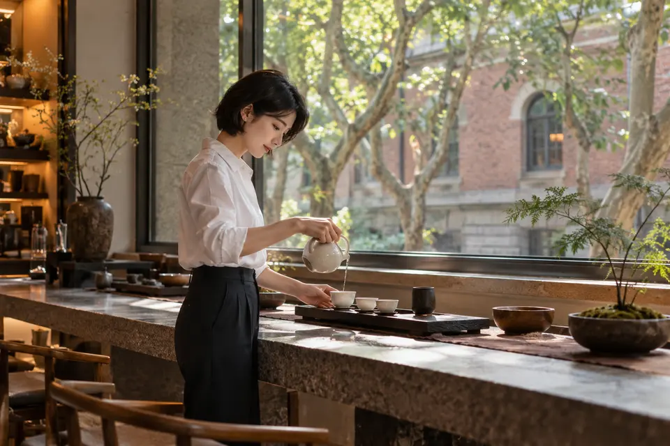 梧桐街区茶室内，一位年轻女性在白瓷茶具前倒茶